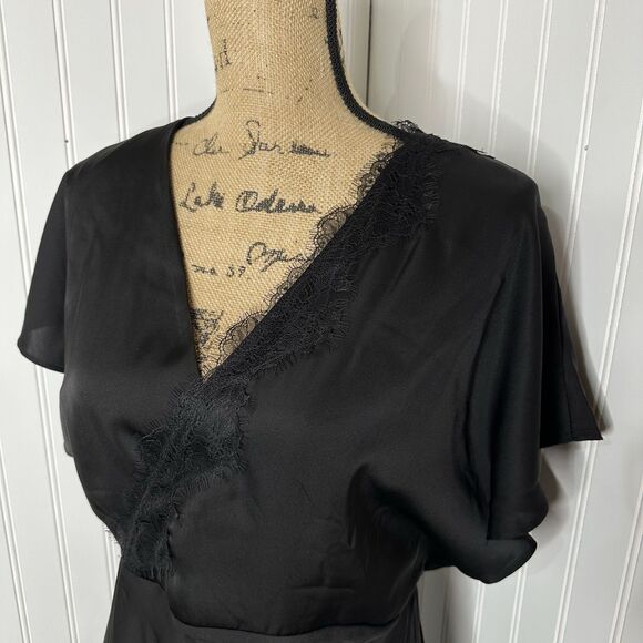 Scoop Satin Midi Dress Sz M Black Lace Trim Cocktail Whimsy Witchy Dark Romantic - Picture 2 of 16
